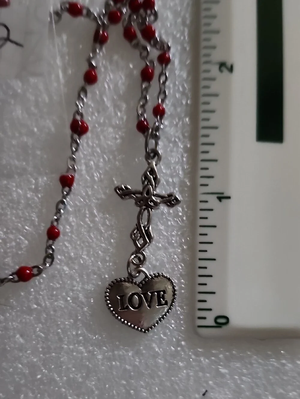 Hand Crafted Silver-Tone Cross with Red Beaded Chain and LOVE Heart Charm